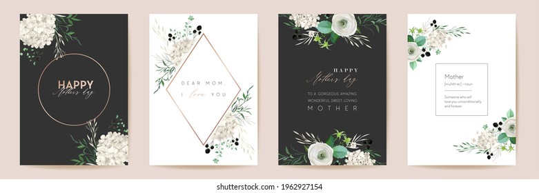 Mothers day classic floral greetings. Vector Watercolor flowers frame set. Spring flower design for Mother party, woman gold template. Modern poster, Mom banner postcard, Elegant nature invite cards