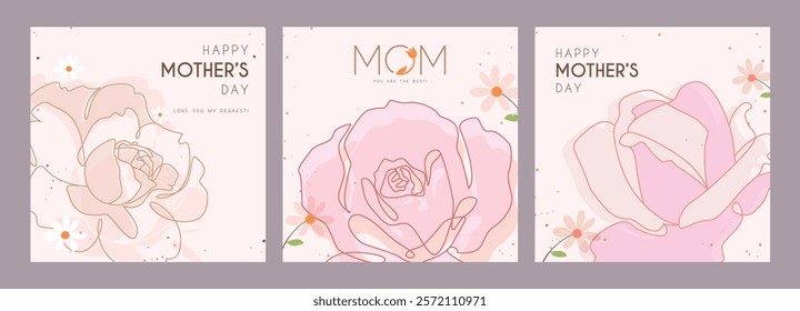 Mother's day clipart poster set design. Beautiful rose clip art for happy mom with elegant pink pastel drawing outline floral collection. Vector illustration mother's day greeting card.
