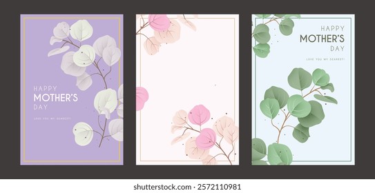 Mother's day clipart poster set design. Colorful vintage flower and leaves clip art decoration with frame and floral pastel watercolor for holiday collection. Vector illustration mother's day greeting