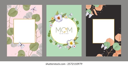 Mother's day clipart template set design. Beautiful flowers in frame with colorful background, plants, flowers, butterfly and shape elements for mother's day celebration. Vector illustration 