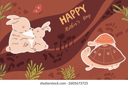 Mother's day, collage design, horizontal background, banner, Holiday greeting card background, flat hand drawn vector illustration.