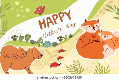 Mother's day, collage design, horizontal background, banner, Holiday greeting card background, flat hand drawn vector illustration.