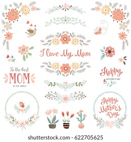 Mother's Day collection with floral and typographic design elements. Decorative flowers, branches, wreath, butterfly, bird, plant pots and vases. Vector illustration.