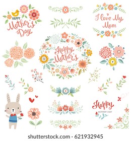 Mother's Day collection with typographic design elements. Cute bunny, flowers, branches, floral wreath and chick. Vector illustration.