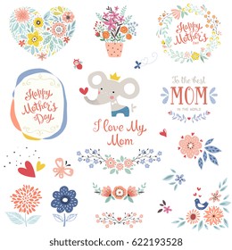 Mother's Day collection with typographic design elements. Cute elephant, flowers, branches, wreath, floral heart, butterflies, plant pot and bird. Vector illustration.