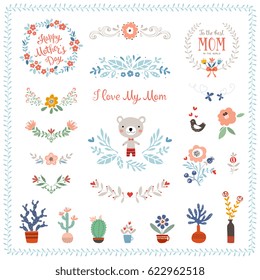 Mother's Day collection with typographic design elements. Decorative flowers, branches, floral wreaths and frames, butterfly, bird, Teddy Bear, plant pots and vases. Vector illustration.