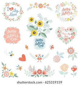 Mother's Day collection with typographic design elements. Flowers, branches, wreaths, floral heart, butterflies, bee, bird and mason jar with bouquet. Vector illustration.