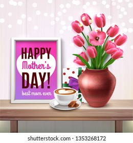 Mothers Day colored composition with bouquet of tulips gift cup of coffee and best mom ever compliments vector illustration