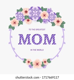 Mothers day colorful floral paper style vector illustration. Paper cut style with flower and leaves on purple background.