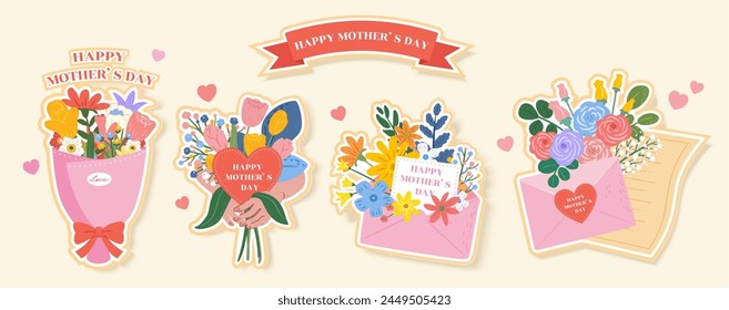 Mothers Day colorful flower bouquet elements isolated on cream white background.