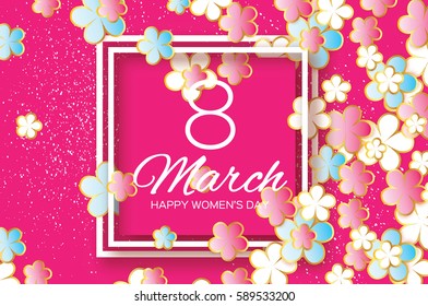 Mother's Day. Colorful gold Paper flower. 8 March. Square frame