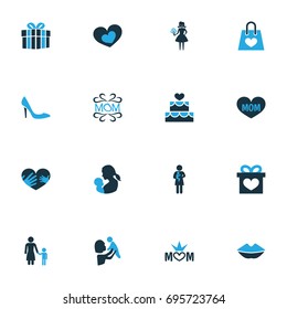 Mothers Day Colorful Icon Design Concept. Set Of 16 Such Elements As Romantic, Lips And Cake. Beautiful Symbols For Heart, Shopping And Flower.