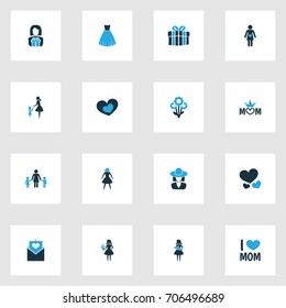 Mothers Day Colorful Icon Design Concept. Set Of 16 Such Elements As Present, Family And Envelope. Beautiful Symbols For Plant, Babysitter And Pregnant.