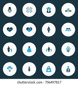 Mothers Day Colorful Icon Design Concept. Set Of 16 Such Elements As Child, Nanny And Mum. Beautiful Symbols For I, Princess And Package.