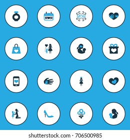 Mothers Day Colorful Icon Design Concept. Set Of 16 Such Elements As Newborn Baby, Blossom And Design. Beautiful Symbols For Female, Lady And Soul.