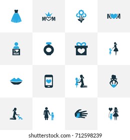 Mothers Day Colorful Icon Design Concept. Set Of 16 Such Elements As Queen, Lady And Placard. Beautiful Symbols For Girl, Bottle And Son.