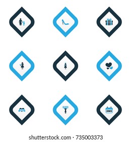Mothers Day Colorful Icon Design Concept. Set Of 9 Such Elements As Princess, Present And Heeled Shoes. Beautiful Symbols For I, Female And Heeled.