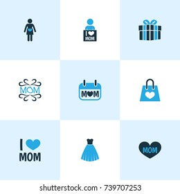 Mothers Day Colorful Icon Design Concept. Set Of 9 Such Elements As I Love Mom, Present And Mother's Day. Beautiful Symbols For Present, I And Loving. Mothers Day Colorful Icon Design Concept. Set Of 9 Such Elements As I Love Mom, Present And Mother's Day. Beautiful Symbols For Present, I And Loving.