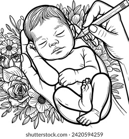 Mothers day coloring book page with intricate floral patterns new born baby above flowers