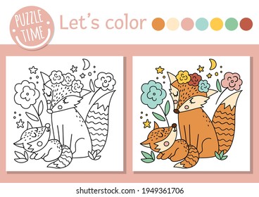 Mothers day coloring page for children with baby fox and mother. Vector outline illustration showing family love. Adorable spring holiday color book for kids with colored example  