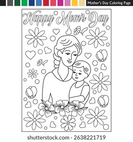Mother's day coloring page drawing for kids and adults mother's day illustration
