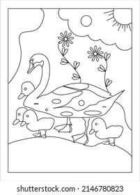 Mother's Day coloring page for kids vector collection, Coloring book. Children's drawing, Mother Swan with kids swan