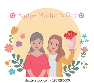 Mother's Day comic characters vector illustration, mother and daughter celebrating holiday, card surrounded by flowers