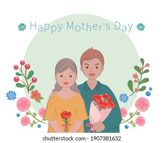 Mother's Day comic characters vector illustration, mother and son celebrating holiday, card surrounded by flowers and plants