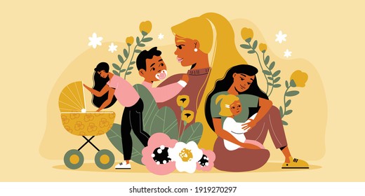 Mothers day composition with flowers and characters of moms holding babies in arms with baby stroller vector illustration