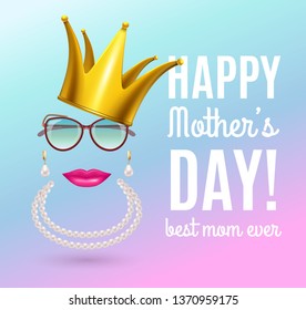 Mothers day composition with gradient background and ornate text with stickers of crown jewelry and glasses vector illustration