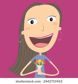 Mother's day concept. Bouquet flowers. Woman brunette. Vector Illustration