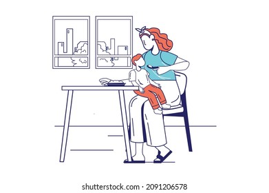 Mothers day concept in flat line design for web banner.Mother feeds her little son while sitting at table, motherhood and childcare modern people scene. Vector illustration in outline graphic style