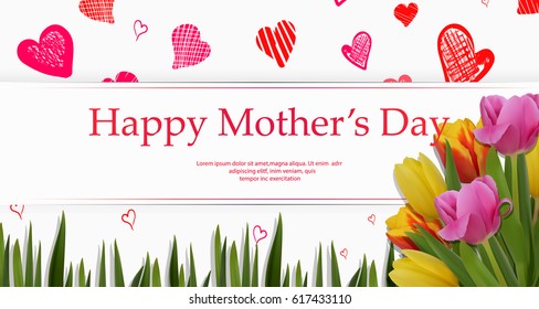 Mothers day concept Hand-drawn motivation poster with hearts of red, pink 
sketch confetti, bunch of tulips. Artistic design template for greeting card, invitation, banner.  vector illustration.