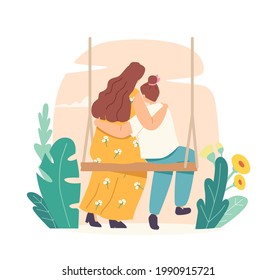 Mothers Day Concept. Loving Mother and Daughter Hugging Rear View. Mom and Girl Embrace Sitting on Swing. Mommy and Girl Characters Sweet Relations, Cuddle Child. Cartoon People Vector Illustration