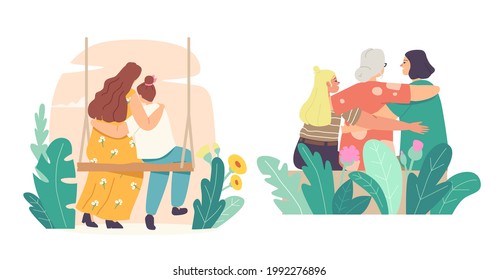 Mothers Day Concept. Loving Mother, Grandmother, Daughter and Granddaughter Hugging Rear View. Mom and Girl Embrace Sitting on Swing. Female Family Characters. Cartoon People Vector Illustration