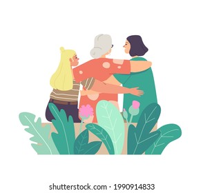 Mothers Day Concept. Loving Young and Senior Mothers Hugging Daughter and Granddaughter Rear View. Mom Embrace with Child, Female Characters Love, Generation Care. Cartoon People Vector Illustration