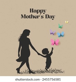 Mother's Day Concept Mother and Son Silhouette With Multi Colored Butterflies Illustration	
