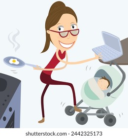 Mother's Day concept. Multitasking woman. Vector illustration.