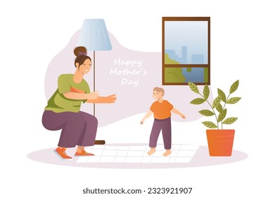 Mothers day concept with people scene in the flat cartoon design. A young mother plays with her son. Vector illustration.