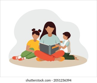 Mothers day concept. Woman, mother reads a book to children. Vector illustration in flat style