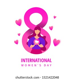 Mothers day concept with a young girl holding   love heart shape on  pink background. 8 number in paper flat style. 2021 vector banner