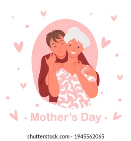 Mothers day concept, young happy boy son hugging old mother or grandmother with love