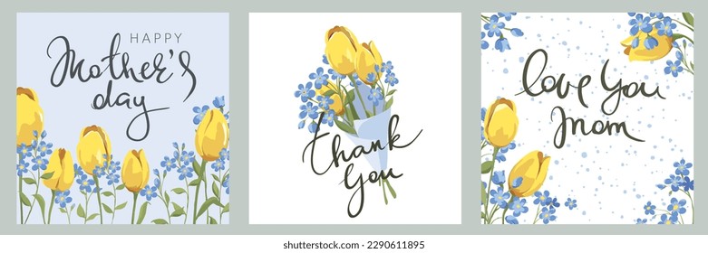 Mother's Day congratulation cards. Background for congratulation with yellow tulips and blue forget-me-nots. Vector design element on the theme of flowering and spring.	