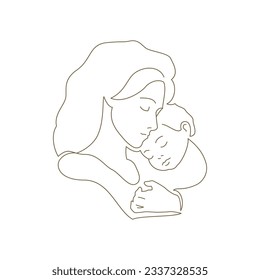 Mother's Day continuous line art style logo mommy hugging little son contoured silhouette vector illustration. Happy family mother embracing baby kid child enjoy maternity motherhood parenthood