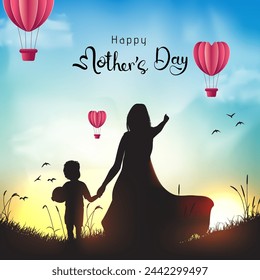 mothers day creative social media post template design with illustration of mother child standing on bright nature background, mother's day text calligraphy