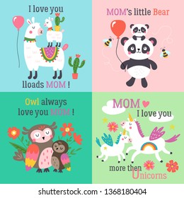 Mother's day cute animals set with llama, unicorn, panda bear and owl. Childish print for cards, stickers, apparel and nursery decoration