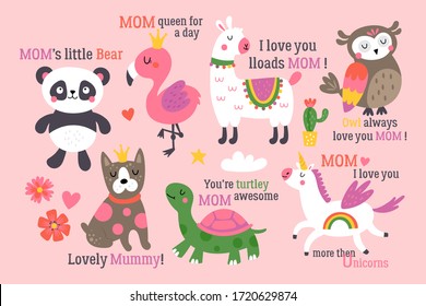 Mother's day cute animals set with llama, unicorn, panda bear, flamingo, dog, turtle and owl. Childish print for cards, stickers, apparel and nursery decoration