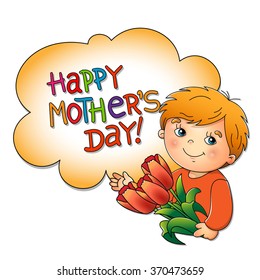 Mother's Day. Cute boy with bouquet of tulips isolated on white background