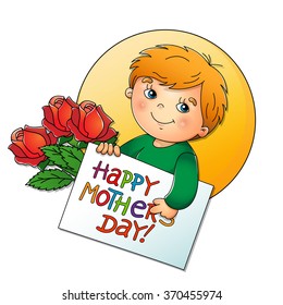 Mother's Day. Cute boy with a card for Mother's Day with a bouquet of roses isolated on white background