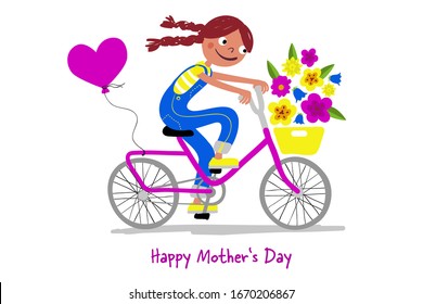Mother's Day - Cute girl in dungarees with pigtails on a bike gives her mothers flowers - Card horizontal - Handdrawn illustration